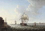 Dominic Serres An English man-o'war shortening sail entering Portsmouth harbour, with Fort Blockhouse off her port quarter France oil painting artist
